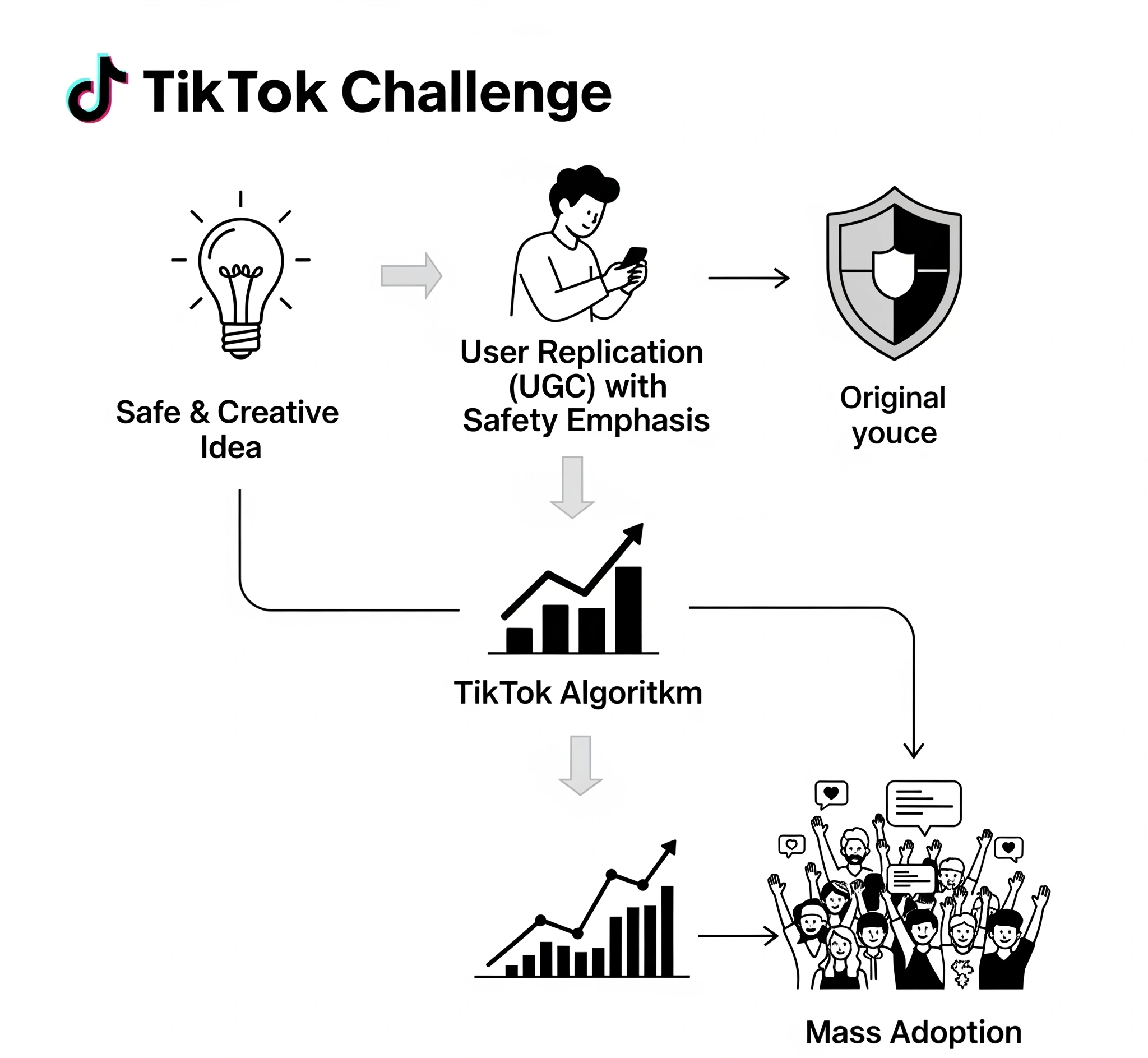 Diagram alur yang menjelaskan cara kerja viralitas challenge TikTok, dimulai dari Ide Aman & Kreatif, melewati Replikasi Pengguna (UGC) dengan Penekanan Keamanan, didorong oleh Algoritma TikTok, hingga Adopsi 