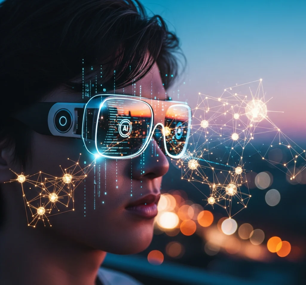 AI on Android XR Glasses A person wearing sleek, futuristic Android XR glasses is overlaid with glowing lines of code and abstract neural network patterns, suggesting the integration of AI into augmented reali