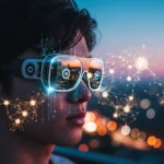 AI on Android XR Glasses A person wearing sleek, futuristic Android XR glasses is overlaid with glowing lines of code and abstract neural network patterns, suggesting the integration of AI into augmented reali