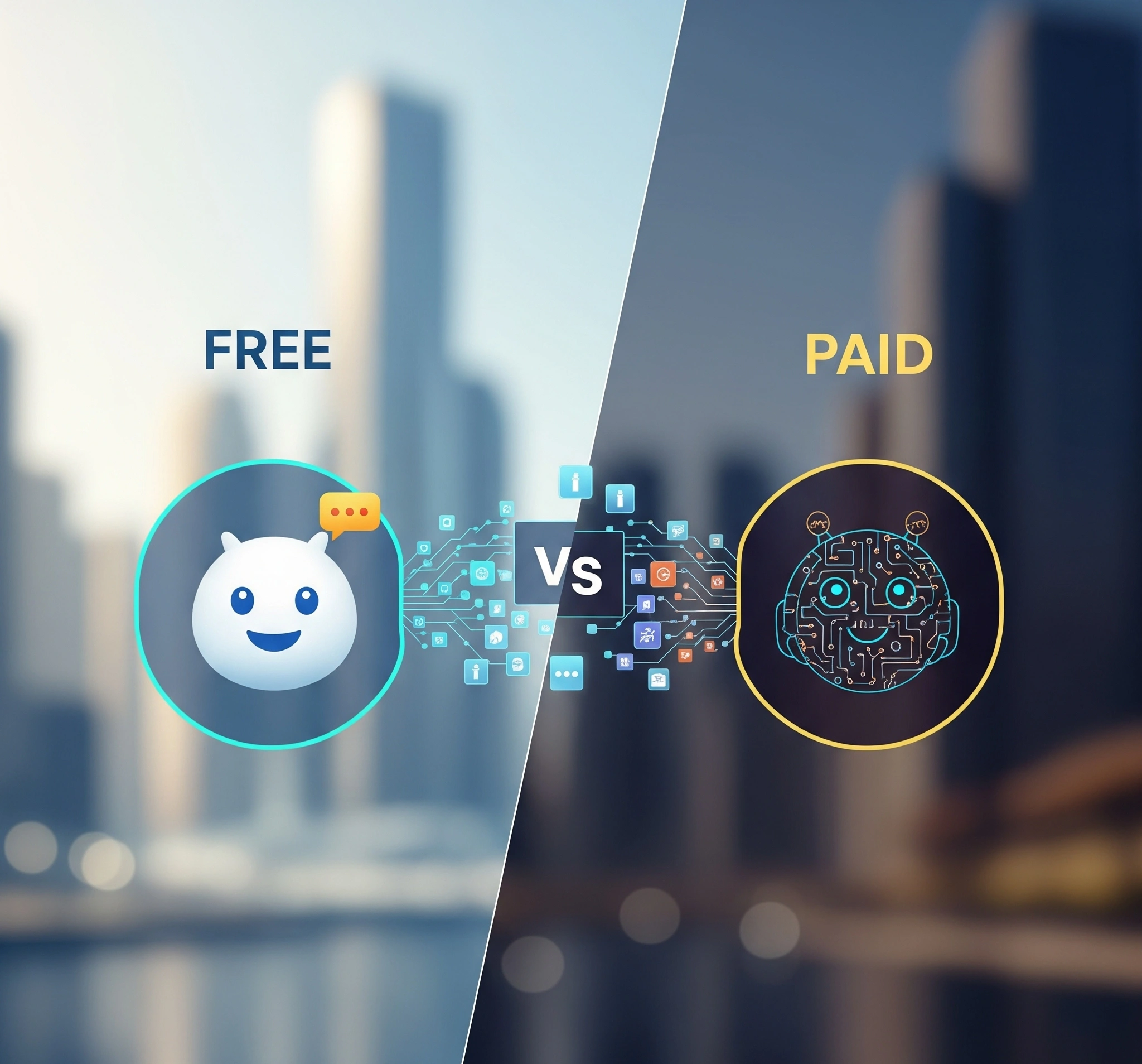Gambar Utama Ilustrasi visual yang menunjukkan dua sisi satu sisi dengan chatbot gratis (ikon sederhana, senyum ramah) dan sisi lain dengan chatbot berbayar (ikon canggih, fitur berlapis), terhubung oleh jembatan data. Menyoroti komparasi aplikasi AI chatbot gratis vs berbayar.