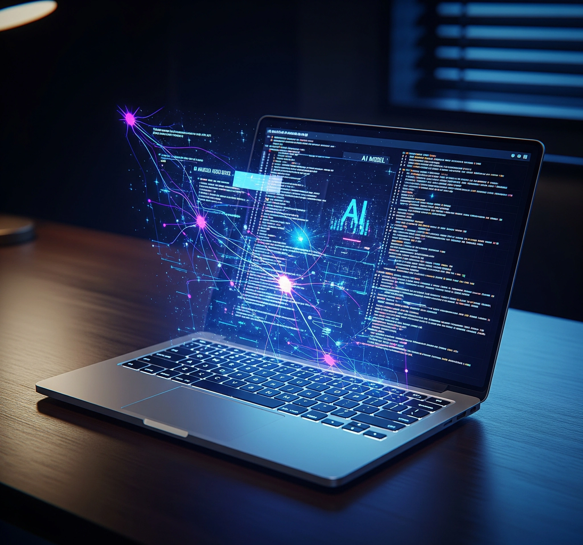Gambar Utama Sebuah laptop futuristik yang terbuka di meja, dengan proyeksi holografik kode kompleks, jaringan saraf, dan model AI memancar dari layar. Pencahayaan sinematik dengan warna biru dan ungu gelap, melambangkan rekomendasi laptop AI coding.