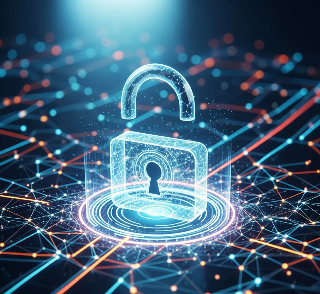 Gambar metafora gembok digital yang terbuka di tengah jaringan data yang aman dan terhubung, melambangkan bagaimana blockchain membuka potensi keamanan dan transparansi data.