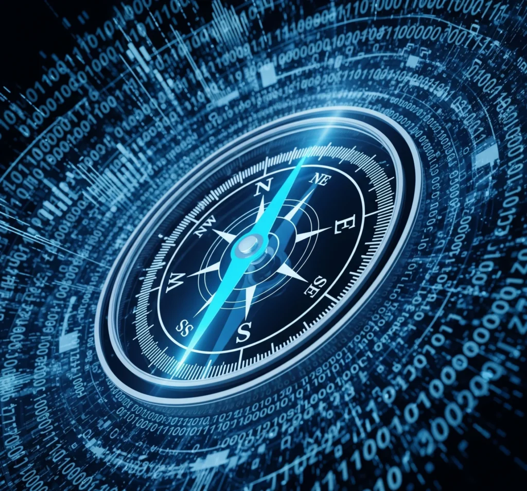 Gambar metafora kompas digital yang menunjuk ke arah yang jelas di tengah lautan data abstrak, melambangkan bagaimana Big Data dapat memandu pengambilan keputusan yang tepat.