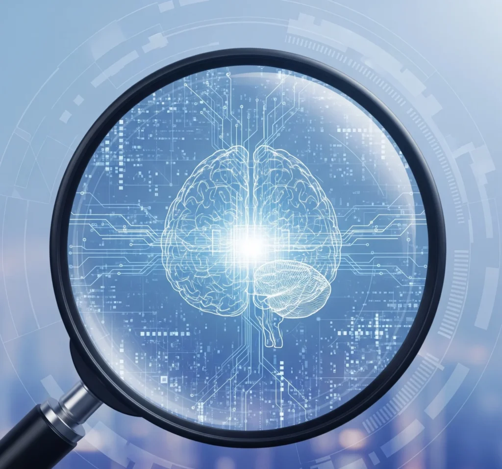 Gambar metafora lensa fokus yang memperjelas gambar data digital dan siluet otak digital, melambangkan pemahaman yang jernih tentang AI dan ML. Latar belakang abstrak digital yang tenang.