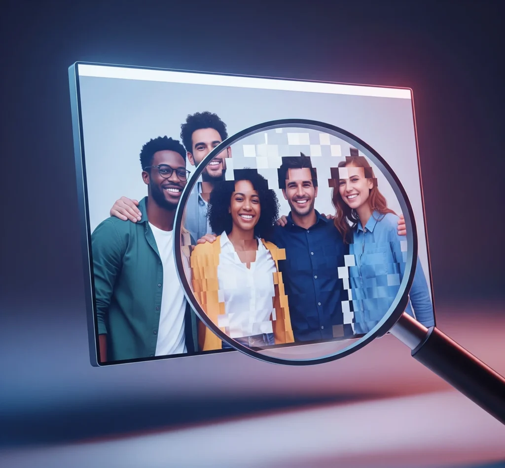 Gambar metafora sebuah kaca pembesar yang fokus pada layar digital yang menunjukkan gambar, dengan beberapa piksel yang terdistorsi, melambangkan deteksi deepfake dan verifikasi konten digital.