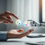 Gambar metafora tangan manusia dan tangan robot kecil yang saling membantu memindahkan blok-blok data, melambangkan kolaborasi harmonis antara manusia dan tools AI untuk efisiensi kerja.