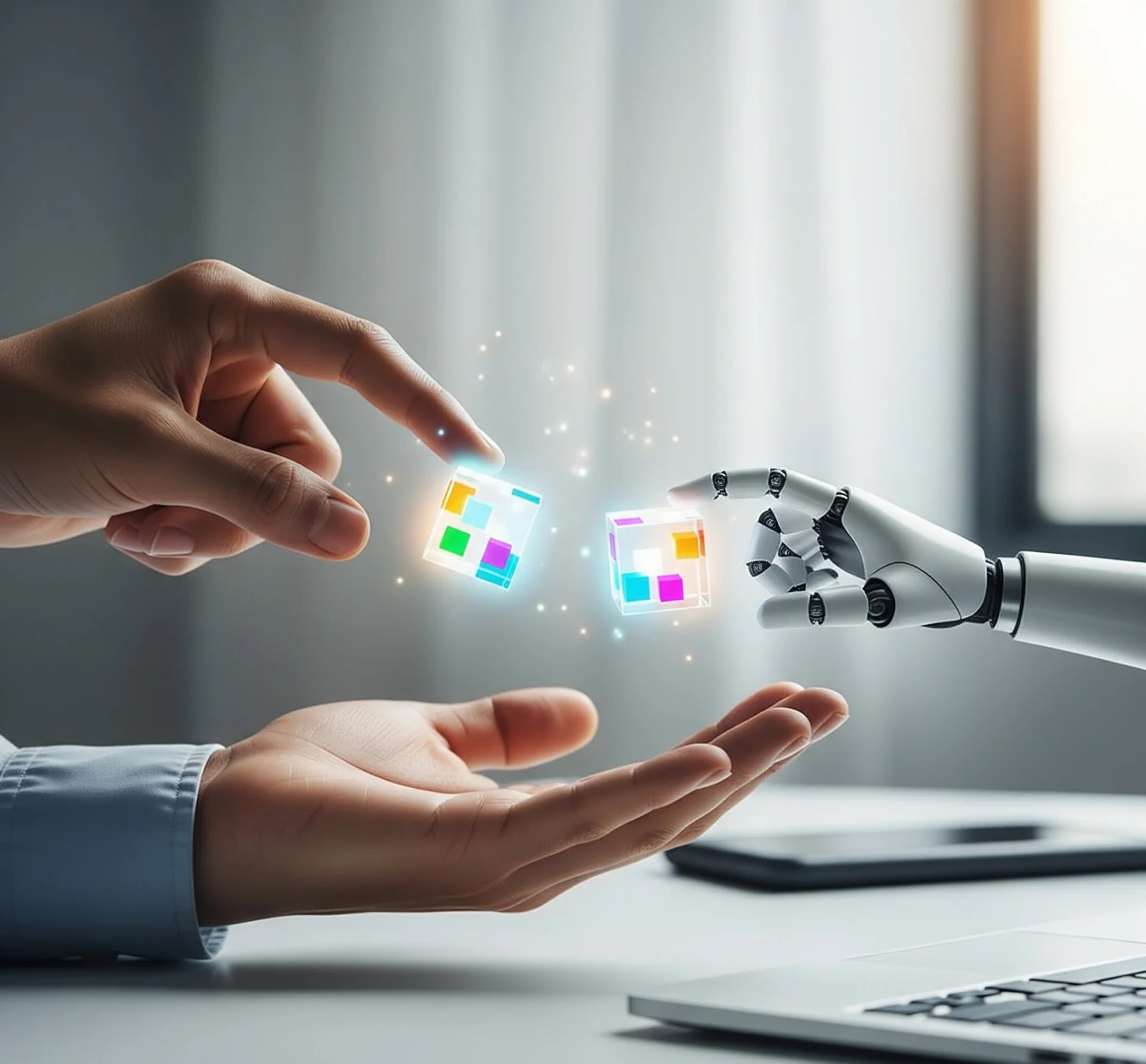 Gambar metafora tangan manusia dan tangan robot kecil yang saling membantu memindahkan blok-blok data, melambangkan kolaborasi harmonis antara manusia dan tools AI untuk efisiensi kerja.