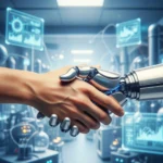 Gambar metafora tangan manusia dan tangan robot yang saling berjabat tangan, melambangkan kolaborasi harmonis antara kecerdasan manusia dan AI untuk menciptakan hasil yang lebih besar.