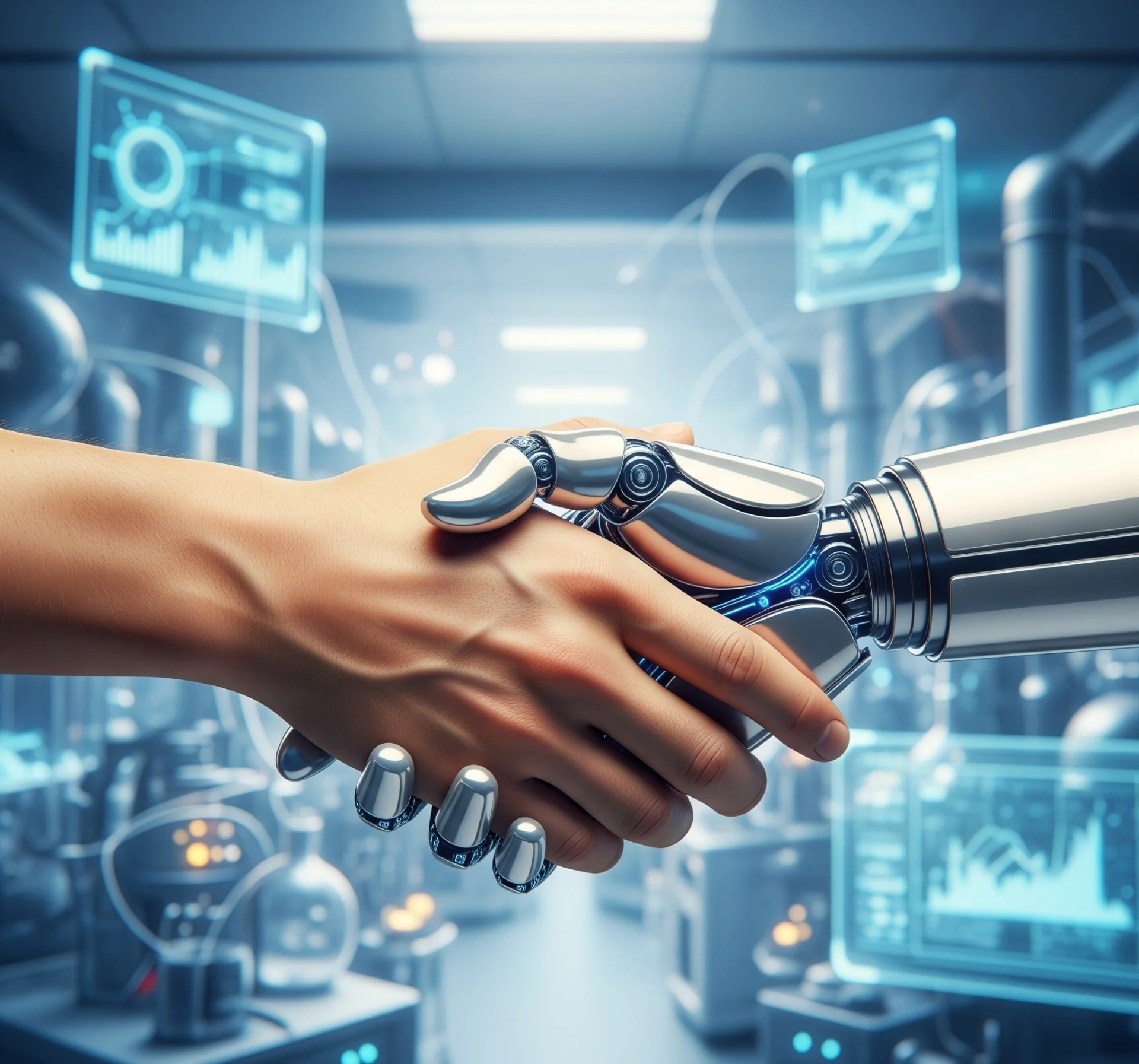 Gambar metafora tangan manusia dan tangan robot yang saling berjabat tangan, melambangkan kolaborasi harmonis antara kecerdasan manusia dan AI untuk menciptakan hasil yang lebih besar.