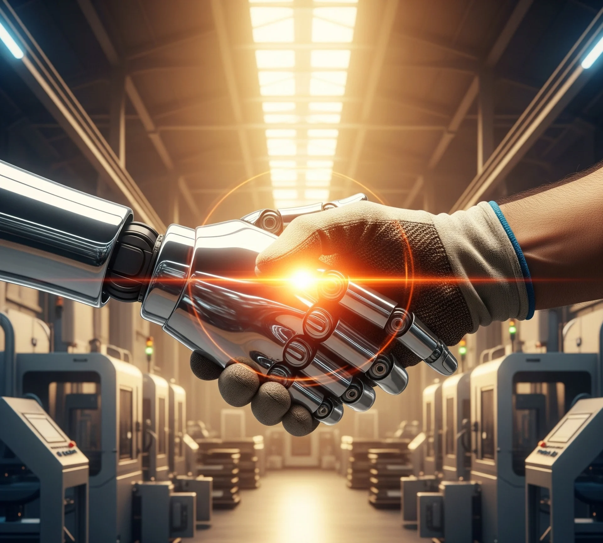 Gambar simbolis yang merepresentasikan robotika dan Industri 5.0: tangan robot dan tangan manusia berjabat tangan di tengah lingkungan pabrik yang futuristik, dengan cahaya yang menunjukkan kolaborasi dan inovasi.