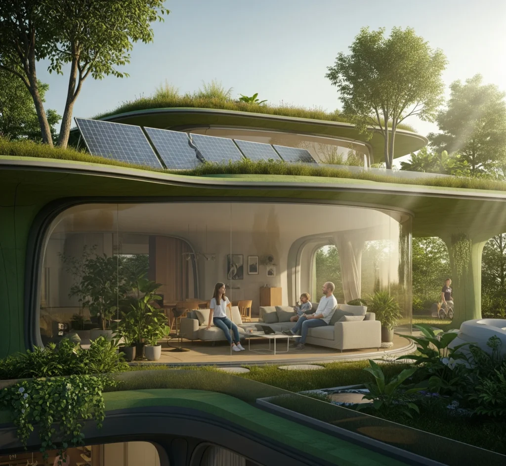 Pemandangan futuristik rumah yang terintegrasi penuh dengan alam dan teknologi hijau, menunjukkan harmoni antara manusia dan lingkungan.