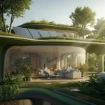 Pemandangan futuristik rumah yang terintegrasi penuh dengan alam dan teknologi hijau, menunjukkan harmoni antara manusia dan lingkungan.