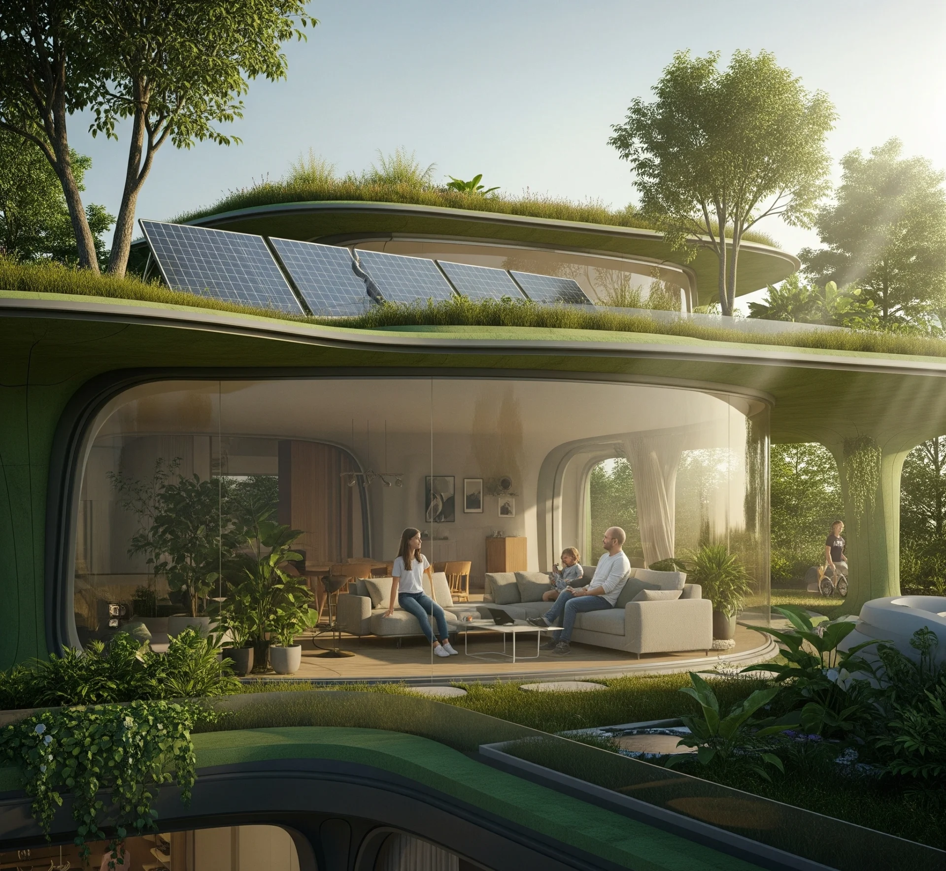 Pemandangan futuristik rumah yang terintegrasi penuh dengan alam dan teknologi hijau, menunjukkan harmoni antara manusia dan lingkungan.