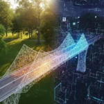 Gambar metafora sebuah jembatan yang menghubungkan dunia nyata dan dunia virtual, melambangkan konvergensi Augmented Reality dan Virtual Reality menjadi pengalaman Mixed Reality yang mulus.