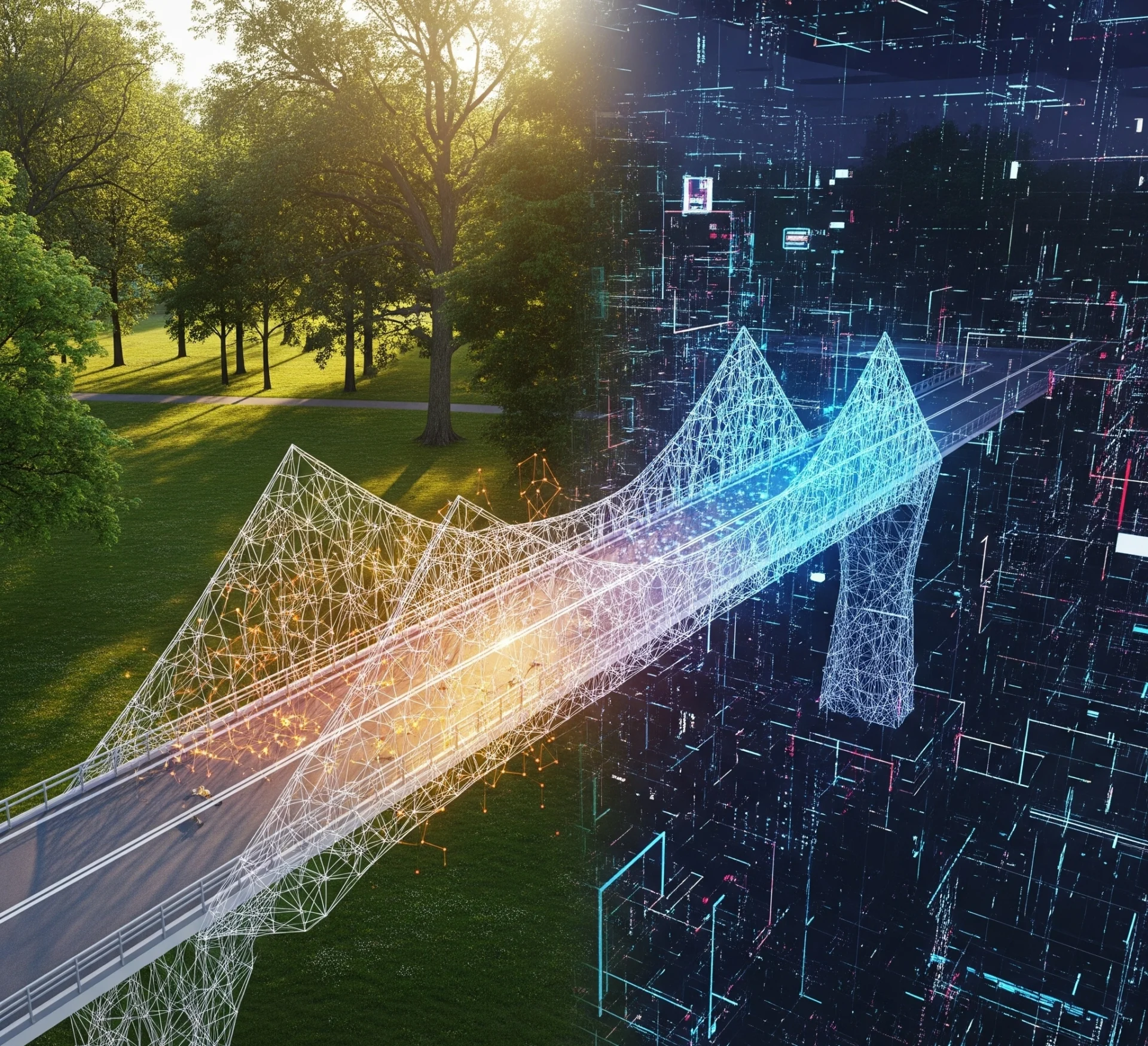  Gambar metafora sebuah jembatan yang menghubungkan dunia nyata dan dunia virtual, melambangkan konvergensi Augmented Reality dan Virtual Reality menjadi pengalaman Mixed Reality yang mulus.