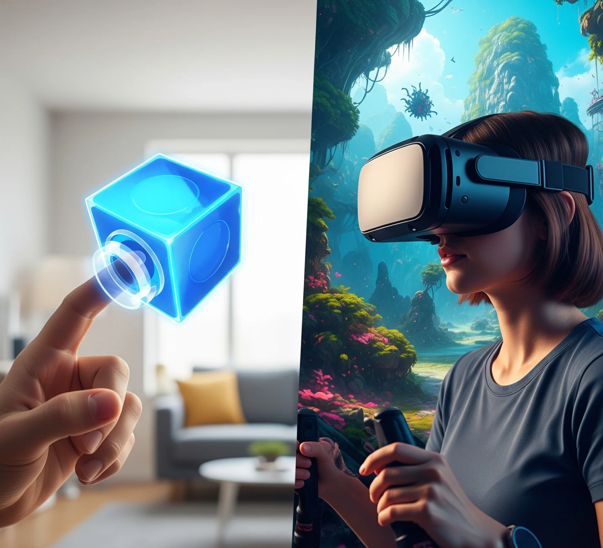 Gambar simbolis yang membandingkan Augmented Reality dan Virtual Reality: satu sisi menunjukkan tangan yang berinteraksi dengan objek digital yang melayang di dunia nyata (AR), sisi lain menunjukkan seseorang yang sepenuhnya tenggelam dalam dunia digital melalui headset (VR), dengan garis pemisah yang jelas.