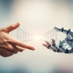Gambar metafora sebuah jembatan yang menghubungkan tangan manusia dan tangan robot, melambangkan sinergi dan kolaborasi yang harmonis di era Industri 5.0.