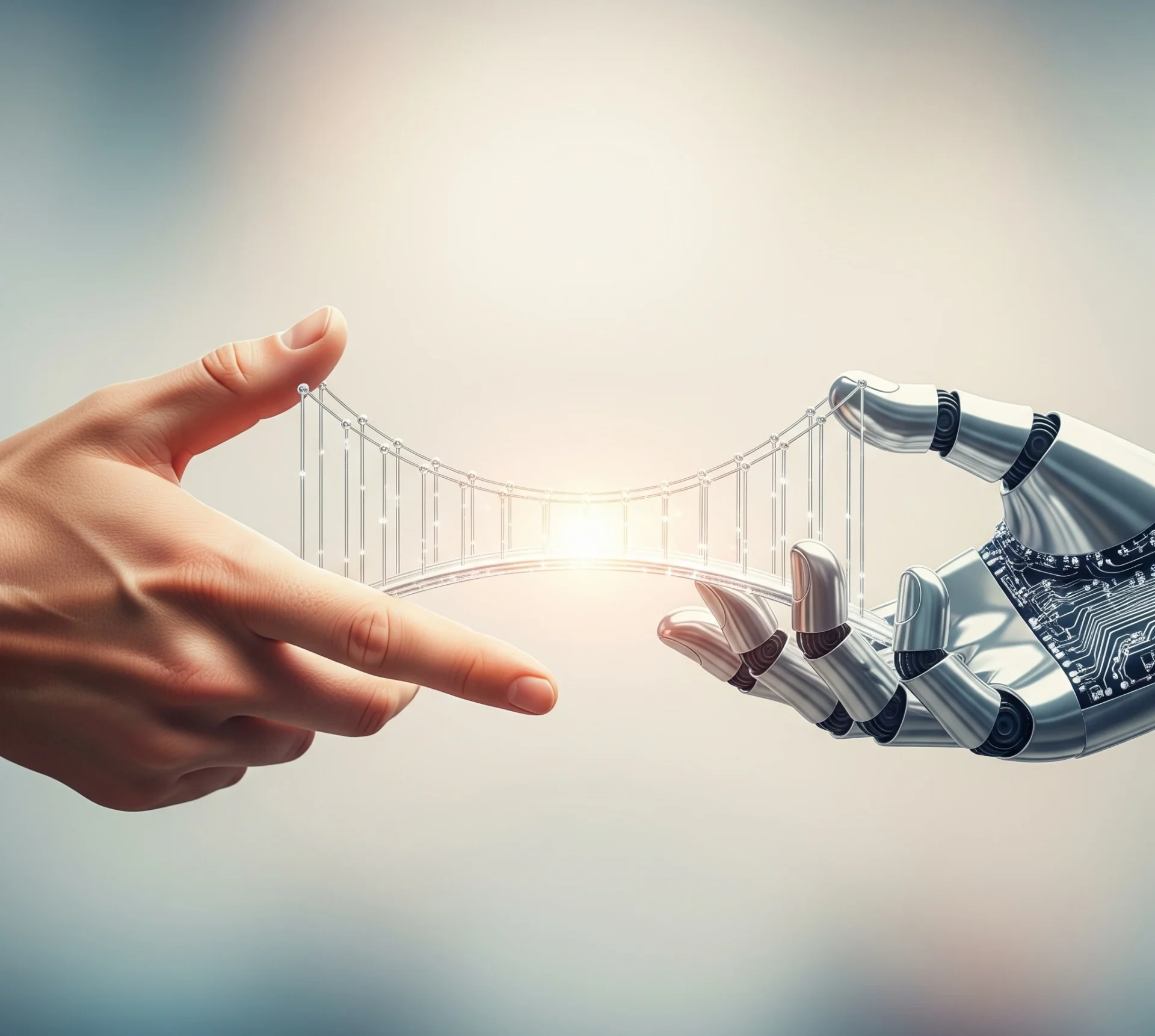 Gambar metafora sebuah jembatan yang menghubungkan tangan manusia dan tangan robot, melambangkan sinergi dan kolaborasi yang harmonis di era Industri 5.0.