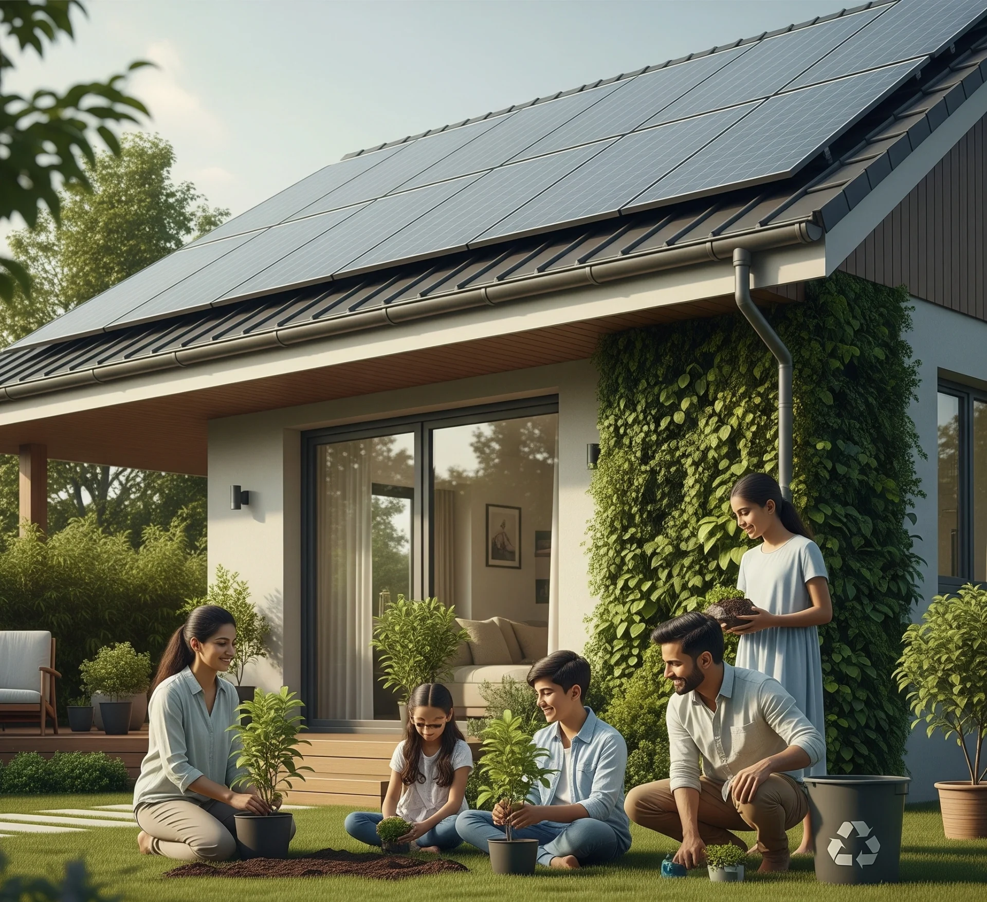 Gambar utama yang menunjukkan rumah modern yang nyaman dengan panel surya di atap, taman vertikal, dan keluarga yang berinteraksi secara sadar dengan lingkungan, melambangkan gaya hidup hijau yang harmonis.