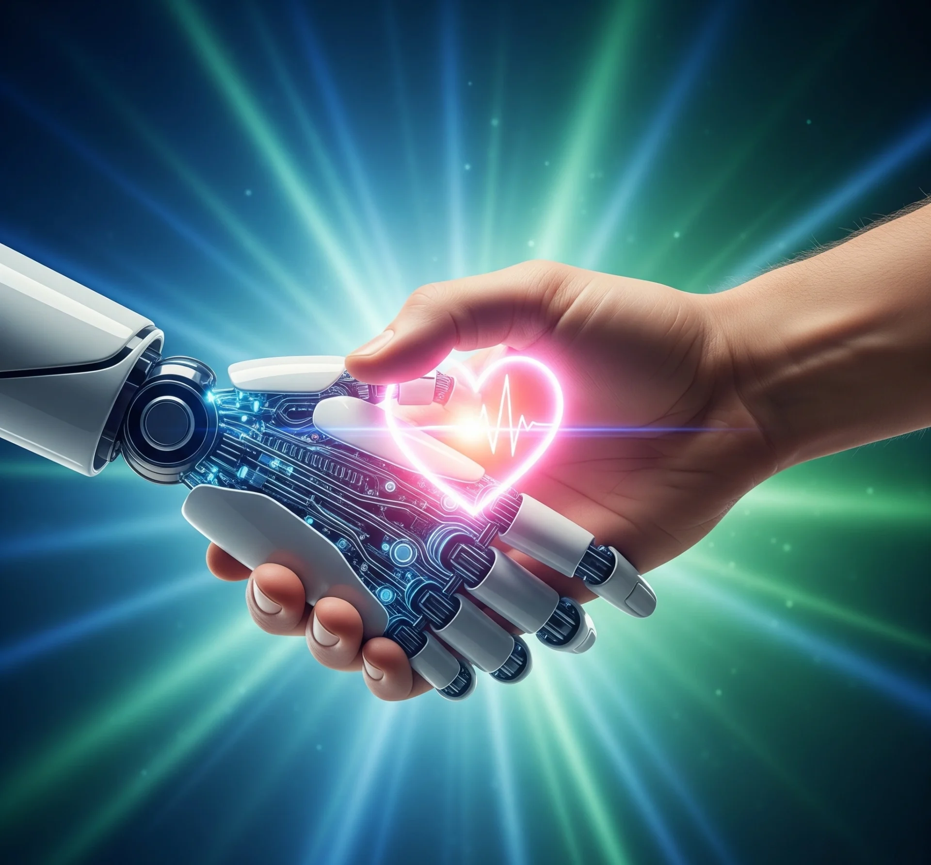 Tangan robot dan tangan manusia saling berpegangan di atas ilustrasi jantung yang bersinar, melambangkan kolaborasi AI dan manusia dalam inovasi kesehatan. Latar belakang abstrak digital medis.