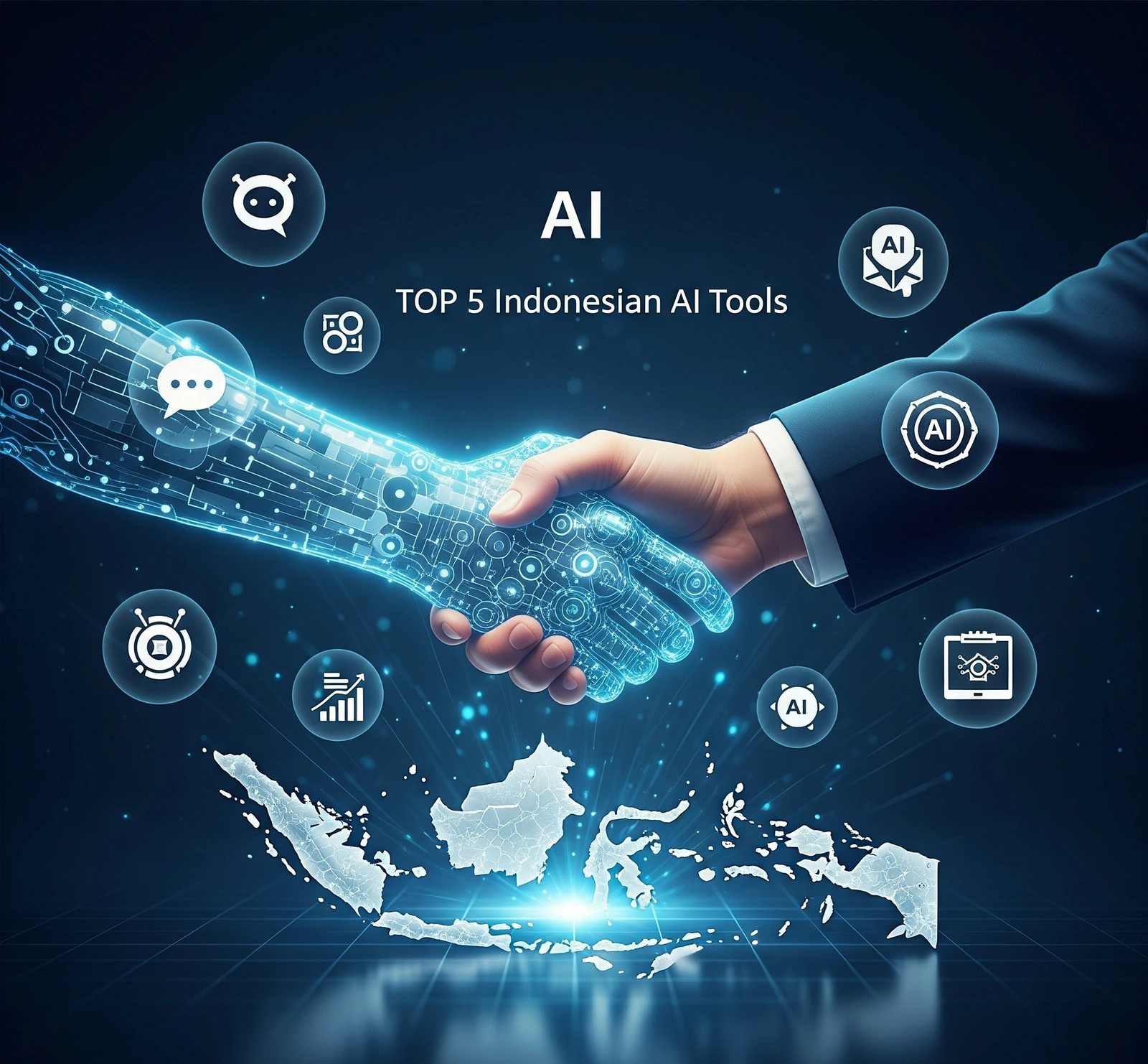 Gambar Utama Ilustrasi visual yang menunjukkan tangan digital dan tangan manusia saling bersalaman di atas peta Indonesia yang bersinar, dikelilingi oleh ikon-ikon AI seperti chatbot, analisis data, dan genera