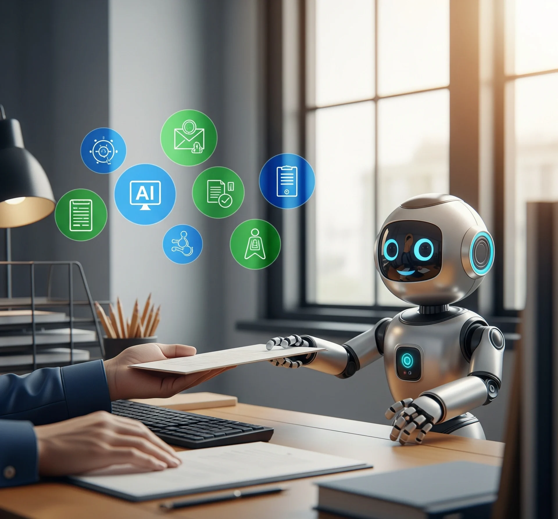 Robot kecil yang ramah membantu seorang pekerja di meja kantor yang rapi, dengan ikon-ikon tugas yang diselesaikan dengan cepat di latar belakang. Melambangkan efisiensi dan kemudahan kerja dengan bantuan AI.
