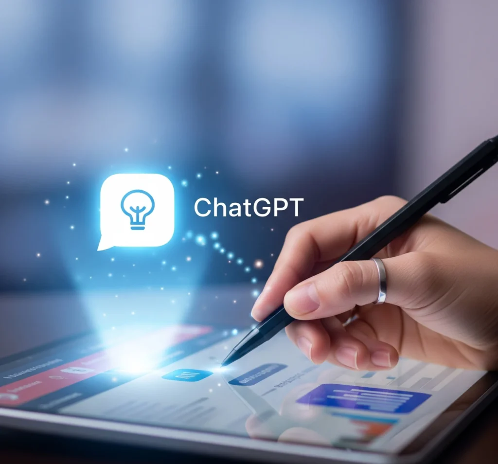 Gambar metafora tangan manusia yang sedang menulis atau mengetik di layar tablet atau komputer, dengan ikon ChatGPT yang bersinar di sampingnya, melambangkan kolaborasi yang mulus antara pemikiran manusia dan bantuan AI untuk produktivitas.