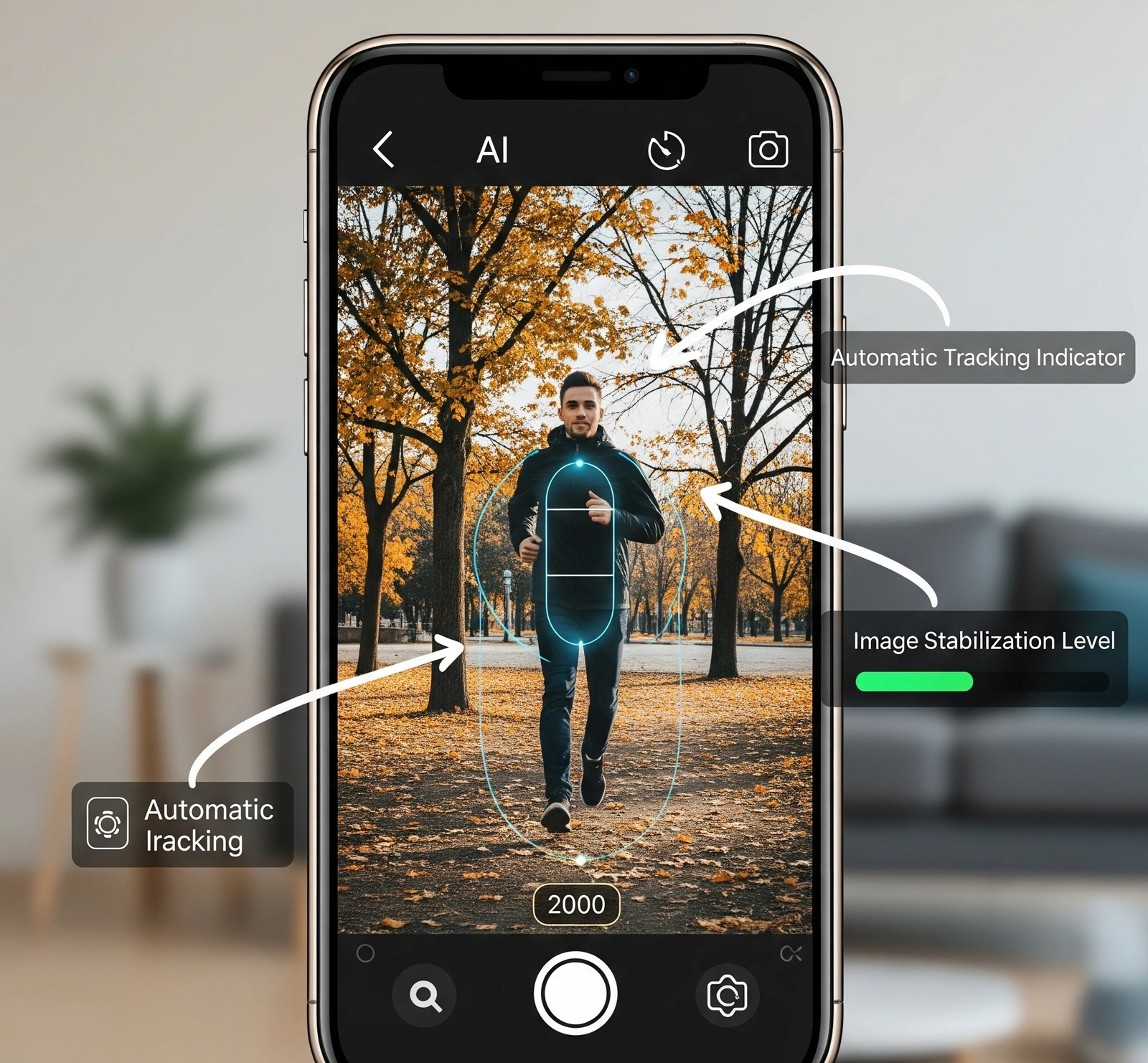 Screenshot antarmuka perekaman dari kamera AI yang sedang melacak subjek manusia, dengan kotak fokus AI yang aktif di sekitar wajah. Panah anotasi menunjuk ke 'Indikator Pelacakan Otomatis' dan 'Level Stabilis