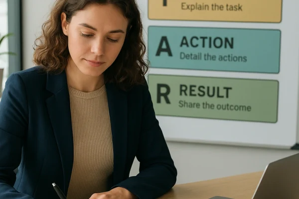 Young professional preparing for a job interview using STAR method examples, taking notes in a modern office with laptop and coffee nearby.