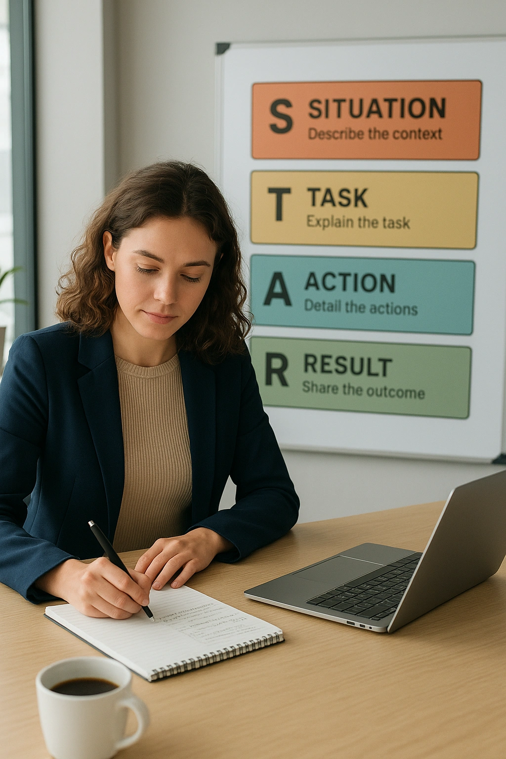 Young professional preparing for a job interview using STAR method examples, taking notes in a modern office with laptop and coffee nearby.