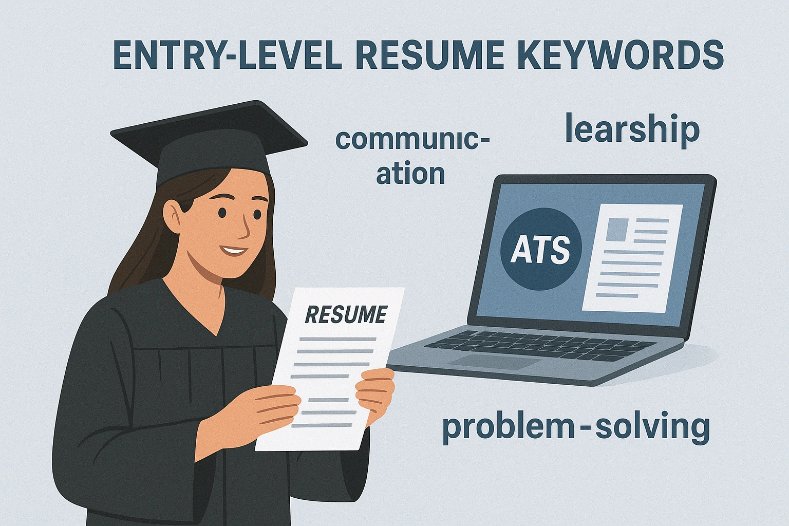 Illustration of a young graduate submitting resumes online, with keywords labeled 'entry-level resume keywords' floating around. A laptop displays an Applicant Tracking System scanning resumes, symbolizing the importance of keyword optimization in getting noticed for entry-level jobs.