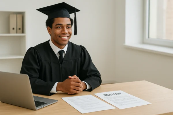 A confident recent graduate at an interview desk, surrounded by a laptop and resumes, preparing answers to common entry-level interview questions in a bright, modern office setting.