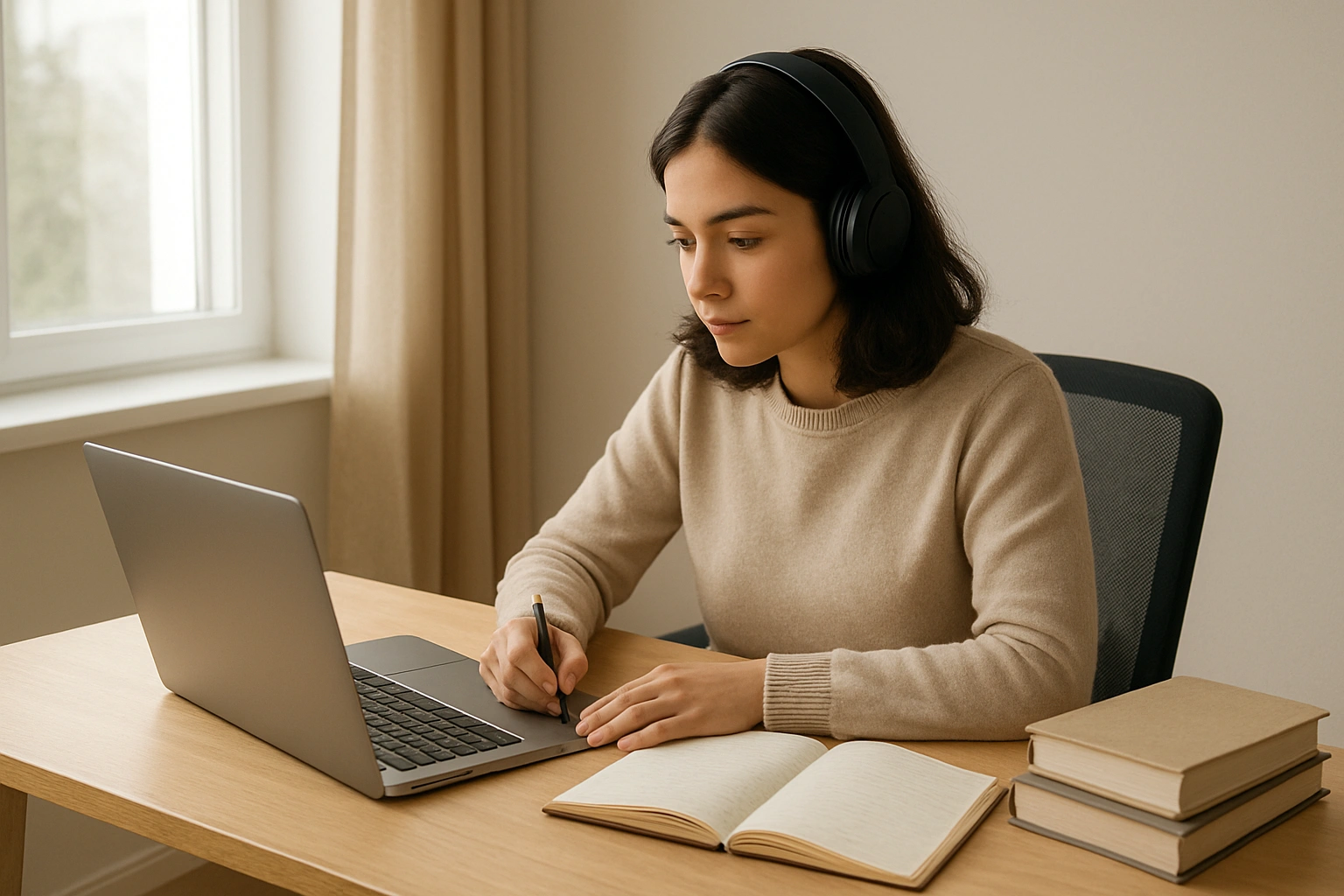 A focused student at a clean, ergonomic home study desk with laptop, books, and noise-canceling headphones, natural light streaming in, representing a productive zero-distraction remote study setup.