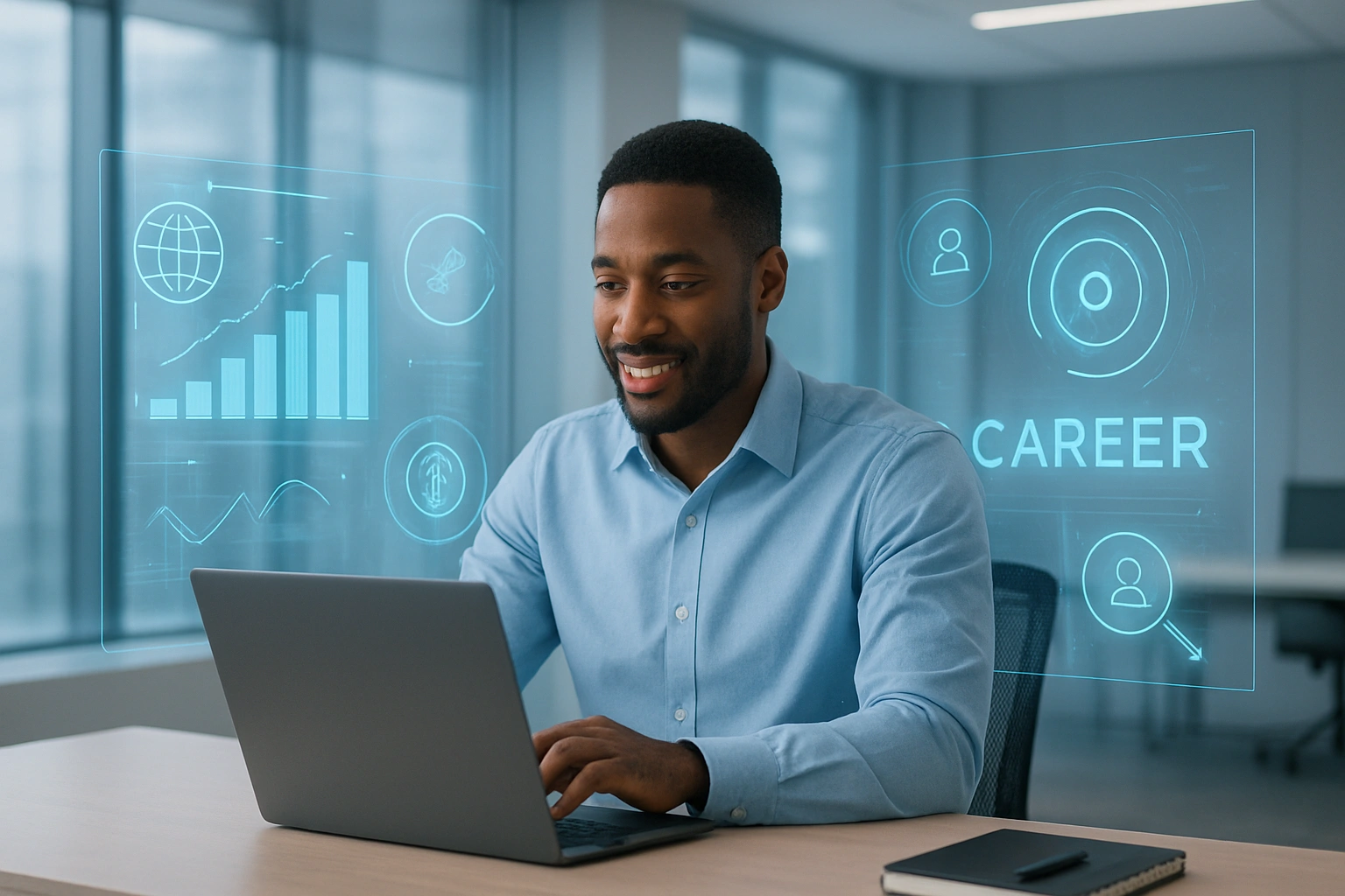 A futuristic yet professional workspace symbolizing the future of work, with technology, AI, and collaboration representing modern career growth opportunities in 2025.