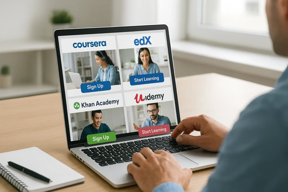 A person using a laptop to access multiple online learning platforms, illustrating skill development and continuous learning.