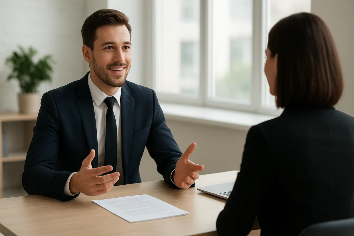 A professional candidate confidently answering sample interview questions in a formal job interview setting, demonstrating preparedness and composure.