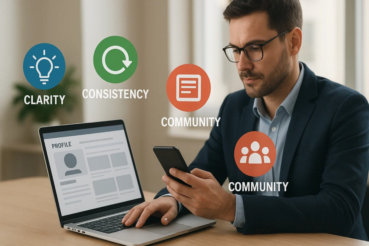 A professional curating their social media profile with icons and visuals representing clarity, consistency, content, and community for personal branding.