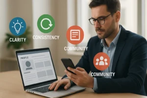 A professional curating their social media profile with icons and visuals representing clarity, consistency, content, and community for personal branding.