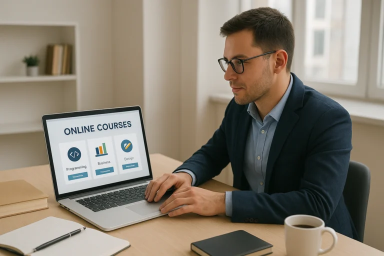 A professional exploring online learning platforms on a laptop, surrounded by books and notes, symbolizing career growth, skill development, and future-focused learning