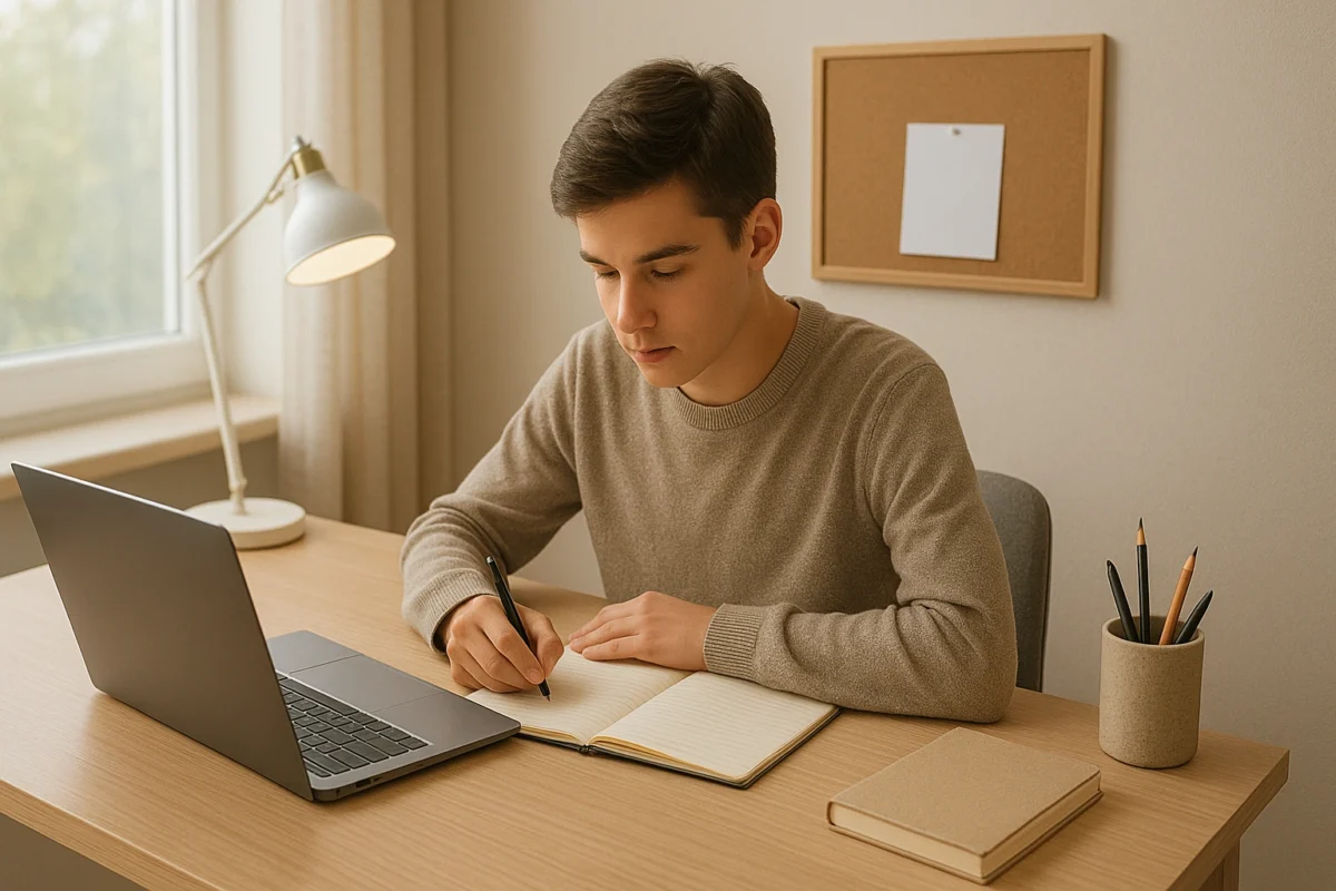 A student studying at a dedicated home workspace, sitting at a desk with a laptop, notebooks, and organized stationery, applying remote learning strategies and productivity tips to stay focused.