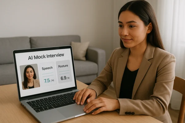 A young professional practicing for a job interview at home using AI mock interview tools on a laptop, with visual feedback on speech, posture, and confidence metrics.