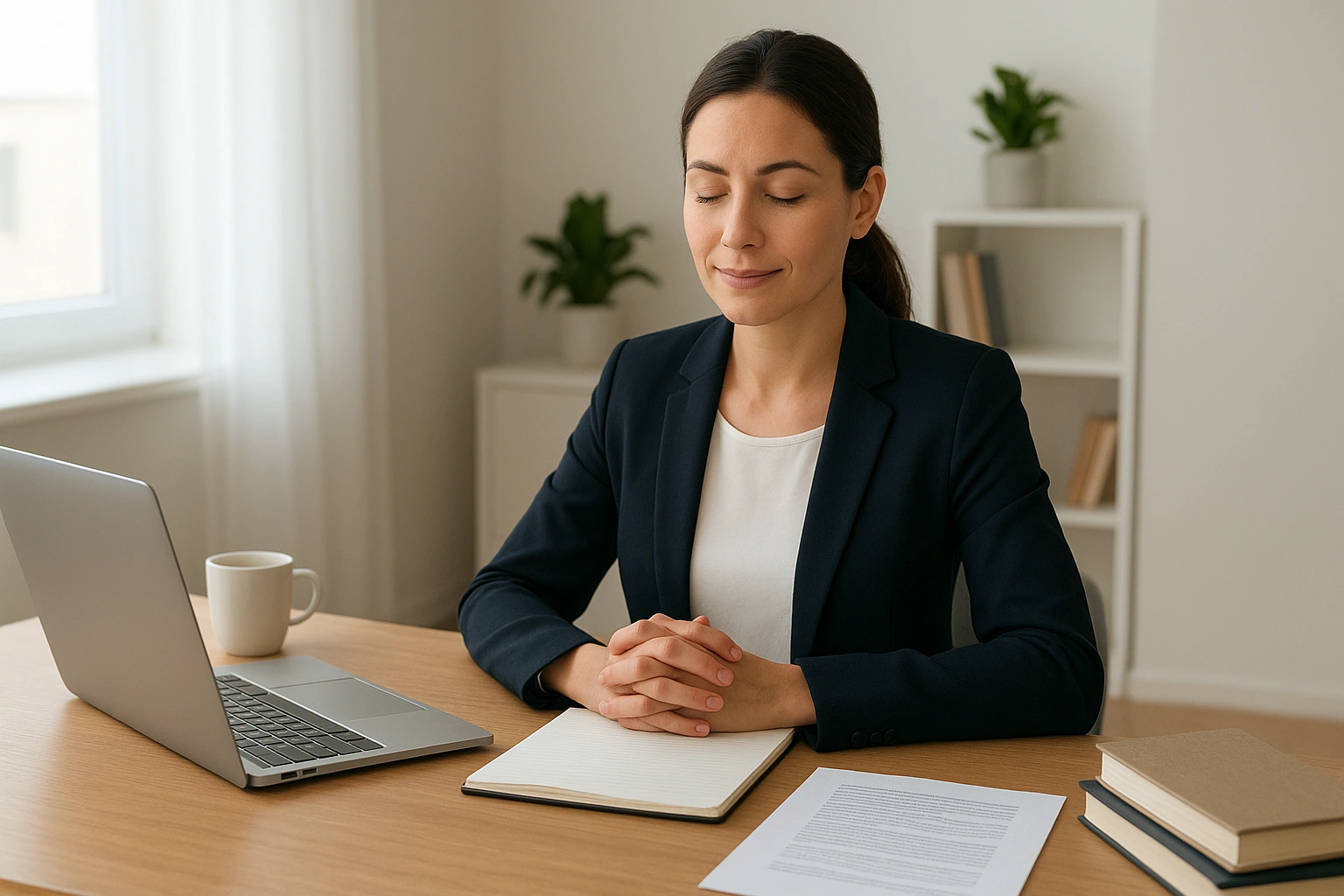 A young professional sitting at a desk preparing for a job interview, looking more confident after practicing with notes and laptop, symbolizing overcoming interview anxiety