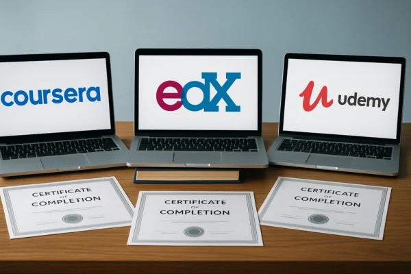 Comparison of online learning platforms Coursera, edX, and Udemy in 2025, showing logos, laptops, books, and certificates with a modern, educational theme.
