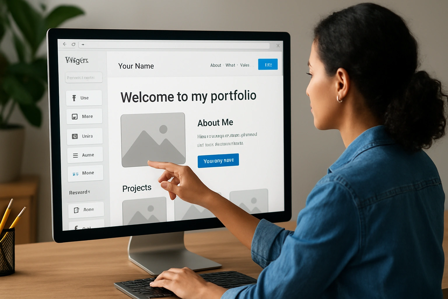 Creative professional building a no-code portfolio website using modern templates and drag-and-drop tools, showcasing a polished online portfolio.