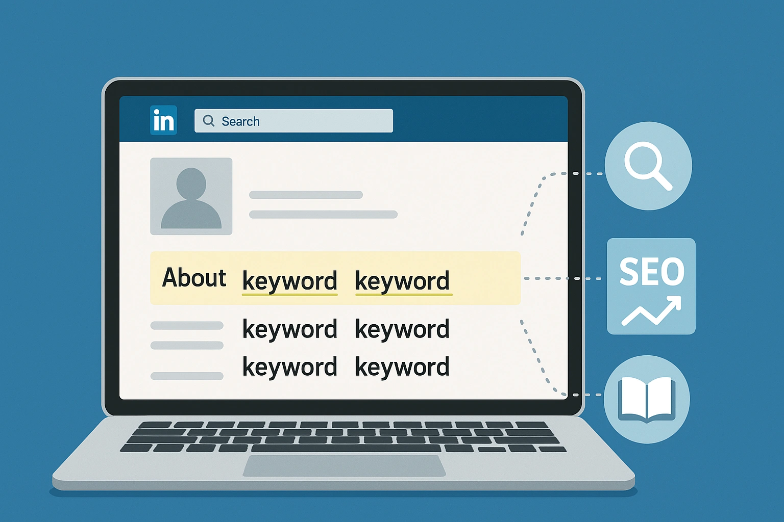 Illustration of LinkedIn profile on a laptop with highlighted keywords, search and SEO icons, representing LinkedIn keyword optimization for career growth.