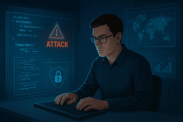 Illustration of a cybersecurity professional at a computer surrounded by holographic code, global network diagrams, and cyberattack alerts, representing online cybersecurity courses in 2025.
