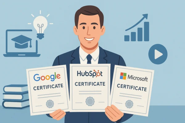 Illustration of a professional holding certificates from Google, HubSpot, and Microsoft with icons representing online learning and career growth, promoting best free online certificates in 2025
