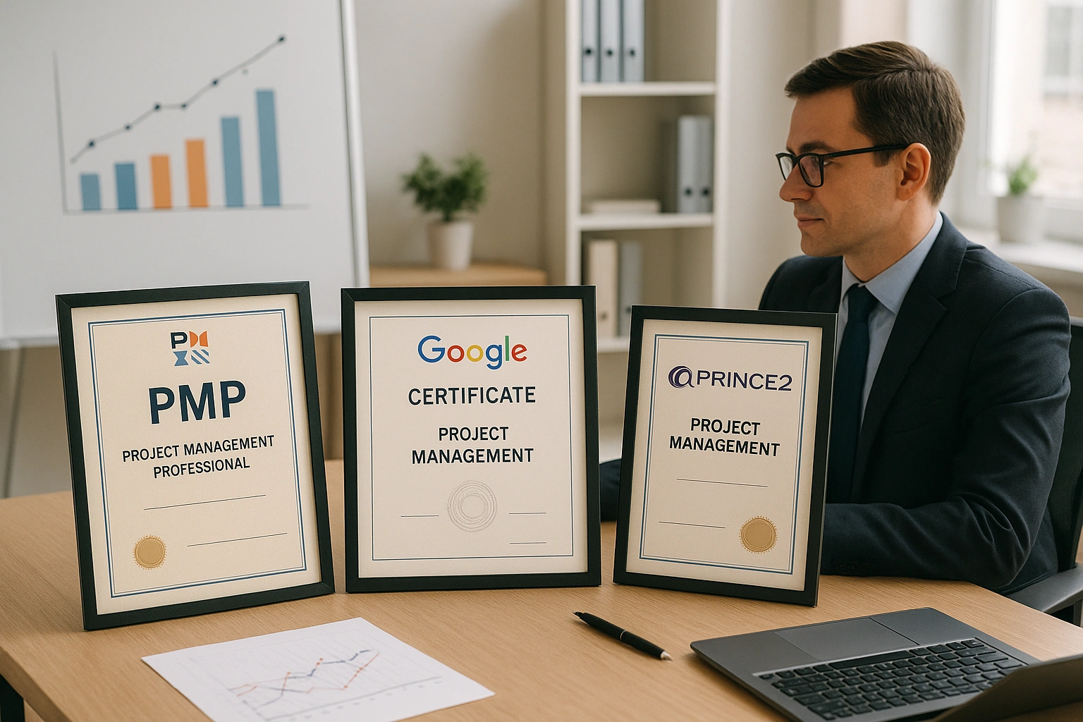 Illustration of three project management certificates—PMP, Google, and PRINCE2—displayed in a professional office setting with charts and a business professional, representing career growth in 2025.