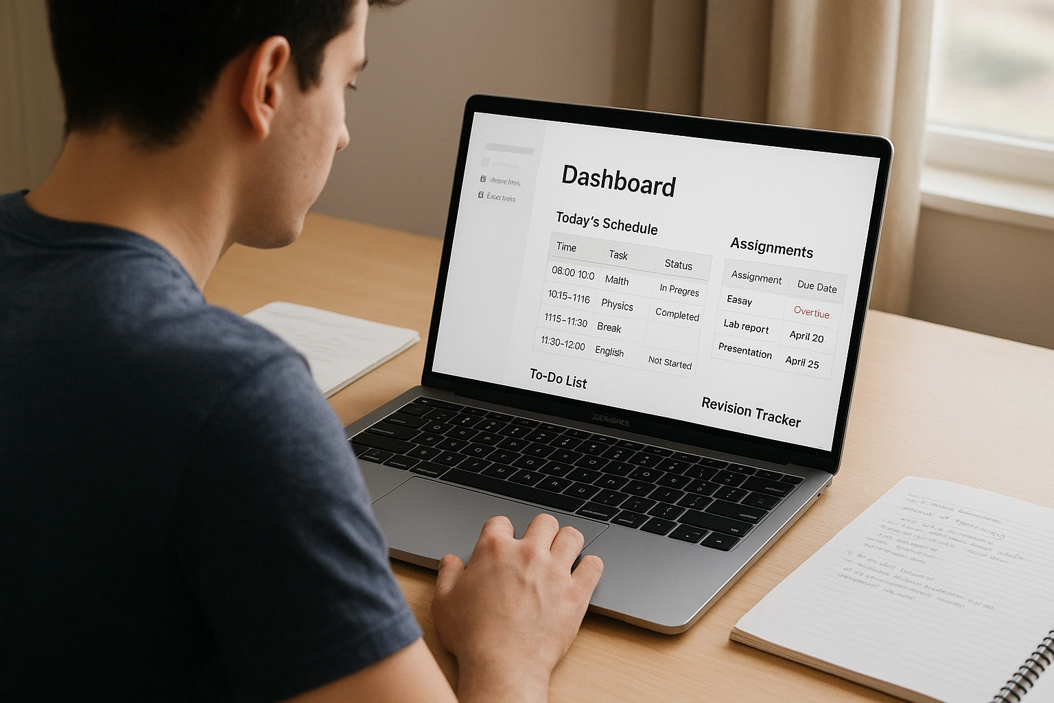 Student using Notion study templates on laptop, with organized notes, tasks, and revision trackers, illustrating productivity and academic planning for 2025.
