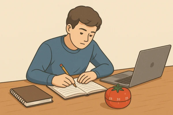 Student using the Pomodoro technique for focused study with a tomato timer on a desk, surrounded by notebooks and laptop, illustrating productivity and time management.